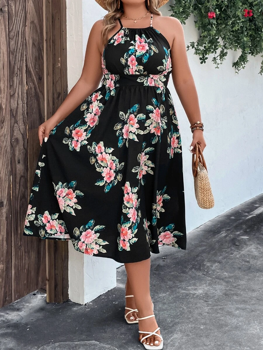 SHEIN LUNE Plus Floral Print Halter Neck Backless Dress - Black - View 1
