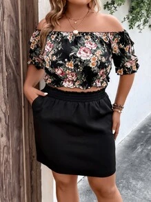 SHEIN Holidaya Plus Floral Print Off Shoulder Top & Slant Pocket Skirt - Multicolor - View 3