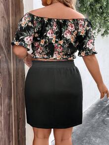 SHEIN Holidaya Plus Floral Print Off Shoulder Top & Slant Pocket Skirt - Multicolor - View 2