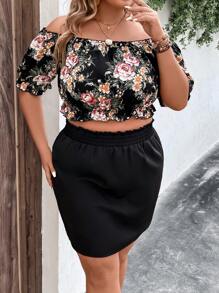 SHEIN Holidaya Plus Floral Print Off Shoulder Top & Slant Pocket Skirt - Multicolor - View 5