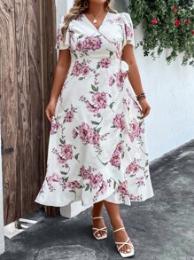 SHEIN LUNE Plus Floral Print Knot Side Ruffle Trim Wrap Dress - White - View 1