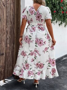 SHEIN LUNE Plus Floral Print Knot Side Ruffle Trim Wrap Dress - White - View 2