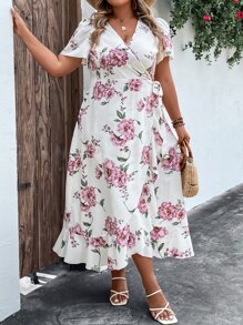 SHEIN LUNE Plus Floral Print Knot Side Ruffle Trim Wrap Dress - White - View 4