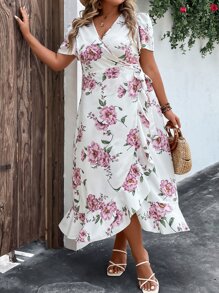 SHEIN LUNE Plus Floral Print Knot Side Ruffle Trim Wrap Dress - White - View 6