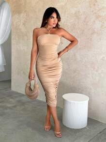 SHEIN SXY Prom Dress;Solid Ruched Side Halter Neck Backless Bodycon Dress - Apricot - View 5