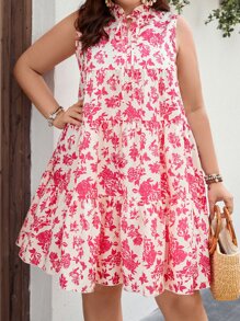 Breezaya Đầm Plus Size Viên lá sen viền lá sen Thắt nơ trước Hoa Tất cả trên in Dễ thương - Nhiều màu - Xem 1