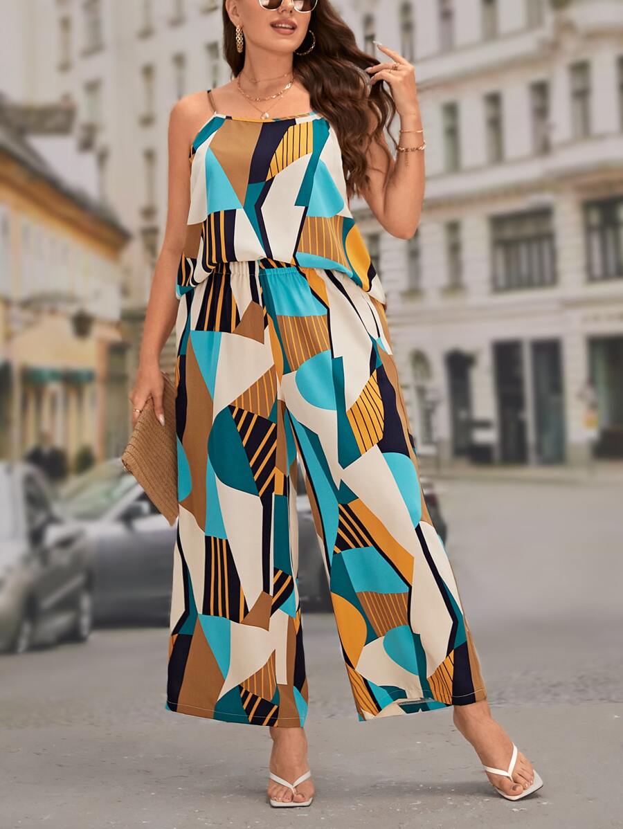 SHEIN LUNE 大碼幾何印花吊帶上衣和闊腿褲 - 彩色 - 查看 1