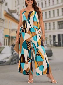 SHEIN LUNE 大碼幾何印花吊帶上衣和闊腿褲 - 彩色 - 查看 3