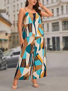 SHEIN LUNE 大碼幾何印花吊帶上衣和闊腿褲 - 彩色 - 查看 5