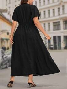 SHEIN Clasi Plus Swiss Dot Floral Embroidery Butterfly Sleeve Dress - Black - View 2