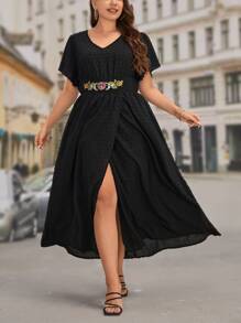 SHEIN Clasi Plus Swiss Dot Floral Embroidery Butterfly Sleeve Dress - Black - View 3