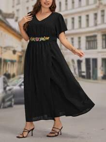 SHEIN Clasi Plus Swiss Dot Floral Embroidery Butterfly Sleeve Dress - Black - View 5