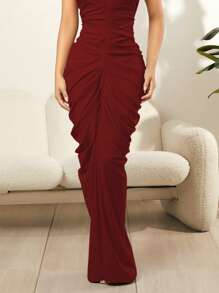 SHEIN SXY 素色褶邊繞頸露背緊身連衣裙 - 酒紅色 - 查看 4
