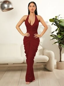 SHEIN SXY 素色褶邊繞頸露背緊身連衣裙 - 酒紅色 - 查看 5