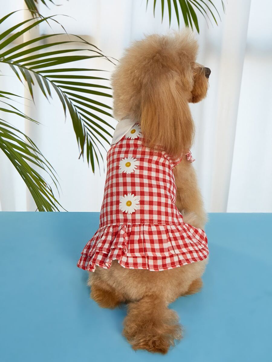 1入組格紋印花寵物連衣裙適用於狗狗和貓適合夏天 - 紅色 - 查看 1