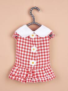 1入組格紋印花寵物連衣裙適用於狗狗和貓適合夏天 - 紅色 - 查看 3