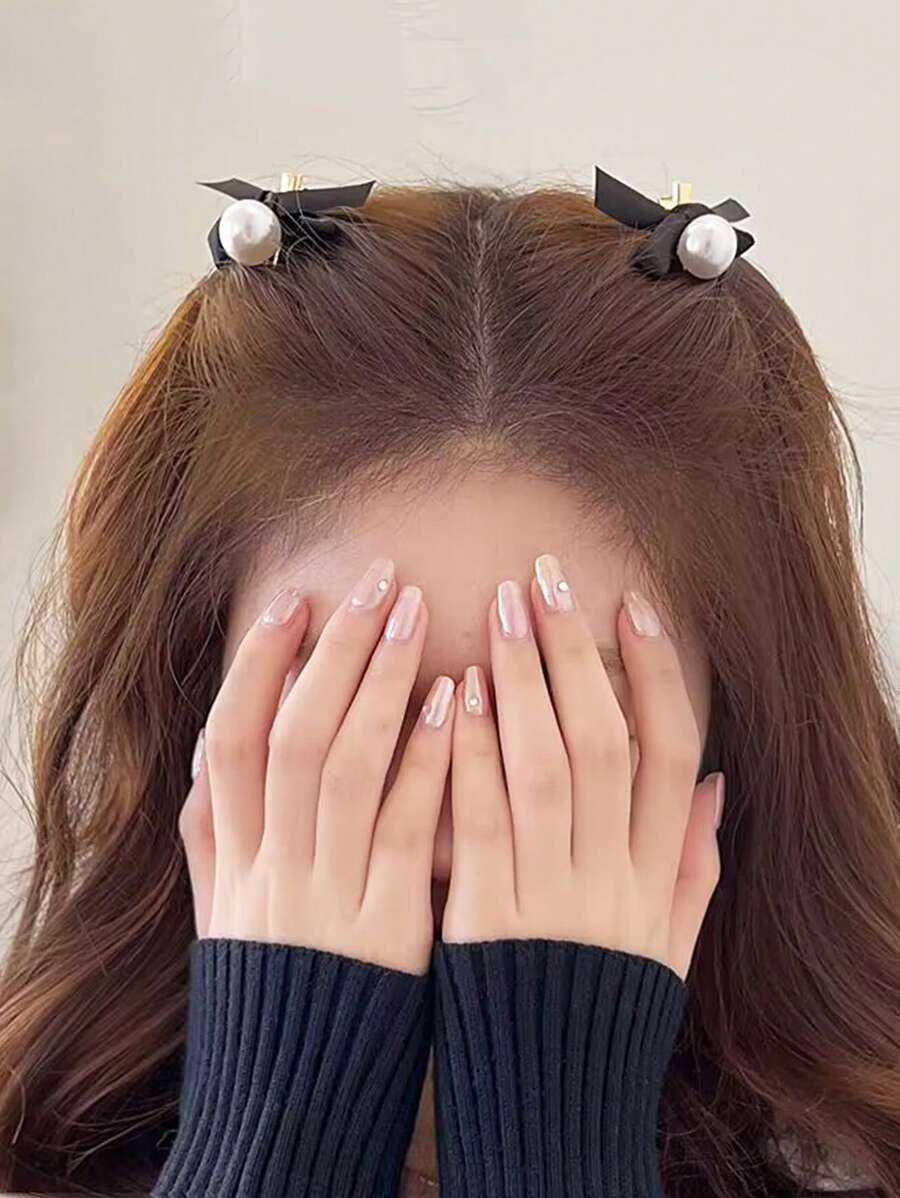 2 Chiếc Nữ Ngọc Trai Giả & Trang Trí Nơ Kẹp Tóc Cá Sấu Thời Trang Để Trang Trí Tóc - màu đen - Xem 1