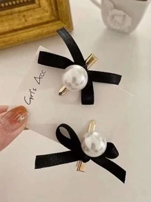 2 Chiếc Nữ Ngọc Trai Giả & Trang Trí Nơ Kẹp Tóc Cá Sấu Thời Trang Để Trang Trí Tóc - màu đen - Xem 2