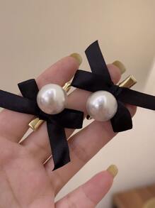 2 Chiếc Nữ Ngọc Trai Giả & Trang Trí Nơ Kẹp Tóc Cá Sấu Thời Trang Để Trang Trí Tóc - màu đen - Xem 3