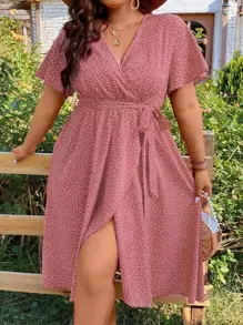 Breezaya 大碼波點圖案蝴蝶袖圍裹側打結連衣裙 - 粉色 - 查看 1