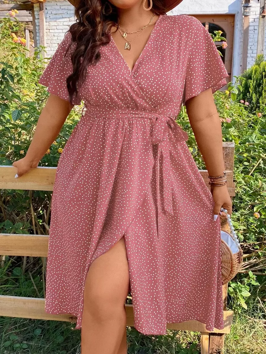 Breezaya 大碼波點圖案蝴蝶袖圍裹側打結連衣裙 - 粉色 - 查看 1