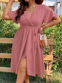 Breezaya 大碼波點圖案蝴蝶袖圍裹側打結連衣裙 - 粉色 - 查看 4