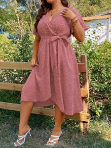 Breezaya 大碼波點圖案蝴蝶袖圍裹側打結連衣裙 - 粉色 - 查看 5