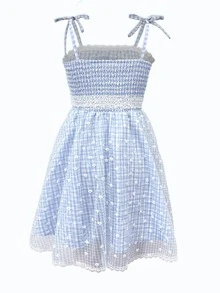 ROMWE Kawaii 花卉和格子印花肩上打結吊帶連衣裙 - 藍白色 - 查看 2