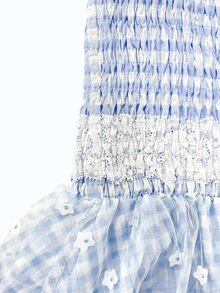 ROMWE Kawaii 花卉和格子印花肩上打結吊帶連衣裙 - 藍白色 - 查看 4