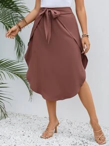 SHEIN LUNE Plus Tie Front Curved Hem Skirt - Rust Brown - View 1