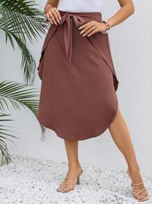 SHEIN LUNE Plus Tie Front Curved Hem Skirt - Rust Brown - View 3