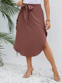SHEIN LUNE Plus Tie Front Curved Hem Skirt - Rust Brown - View 4