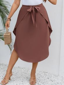 SHEIN LUNE Plus Tie Front Curved Hem Skirt - Rust Brown - View 6