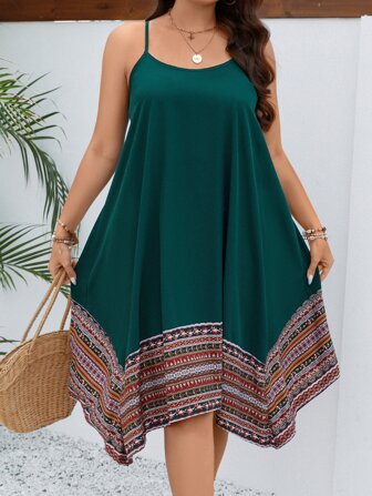 SHEIN VCAY Plus Geo Print Hanky Hem Cami Summer Boho Dress,Beach Dress Sundress,Holiday Outfits