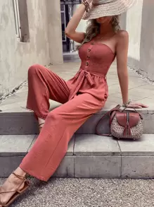 SHEIN VCAY 素色前紐扣腰帶抹胸連體褲 - 紅木色 - 查看 1