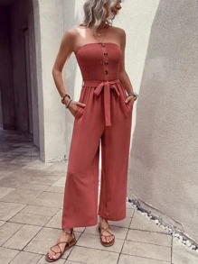 SHEIN VCAY 素色前紐扣腰帶抹胸連體褲 - 紅木色 - 查看 3