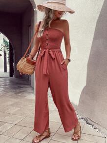 SHEIN VCAY 素色前紐扣腰帶抹胸連體褲 - 紅木色 - 查看 4