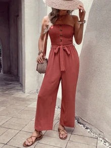 SHEIN VCAY 素色前紐扣腰帶抹胸連體褲 - 紅木色 - 查看 6