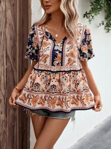 SHEIN VCAY 印花繫帶領蝴蝶袖荷葉邊下擺襯衫 - 彩色 - 查看 3