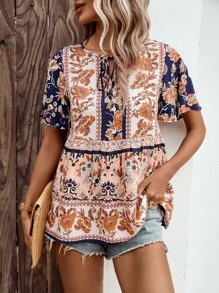 SHEIN VCAY 印花繫帶領蝴蝶袖荷葉邊下擺襯衫 - 彩色 - 查看 4