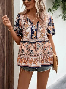 SHEIN VCAY 印花繫帶領蝴蝶袖荷葉邊下擺襯衫 - 彩色 - 查看 5