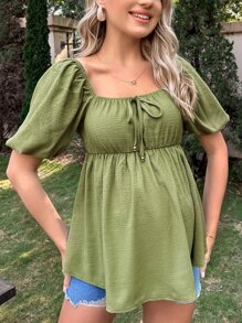 SHEIN Maternidad Blusa peplum de cuello cuadrado de manga farol con nudo delantero - Verde militar - Ver 1