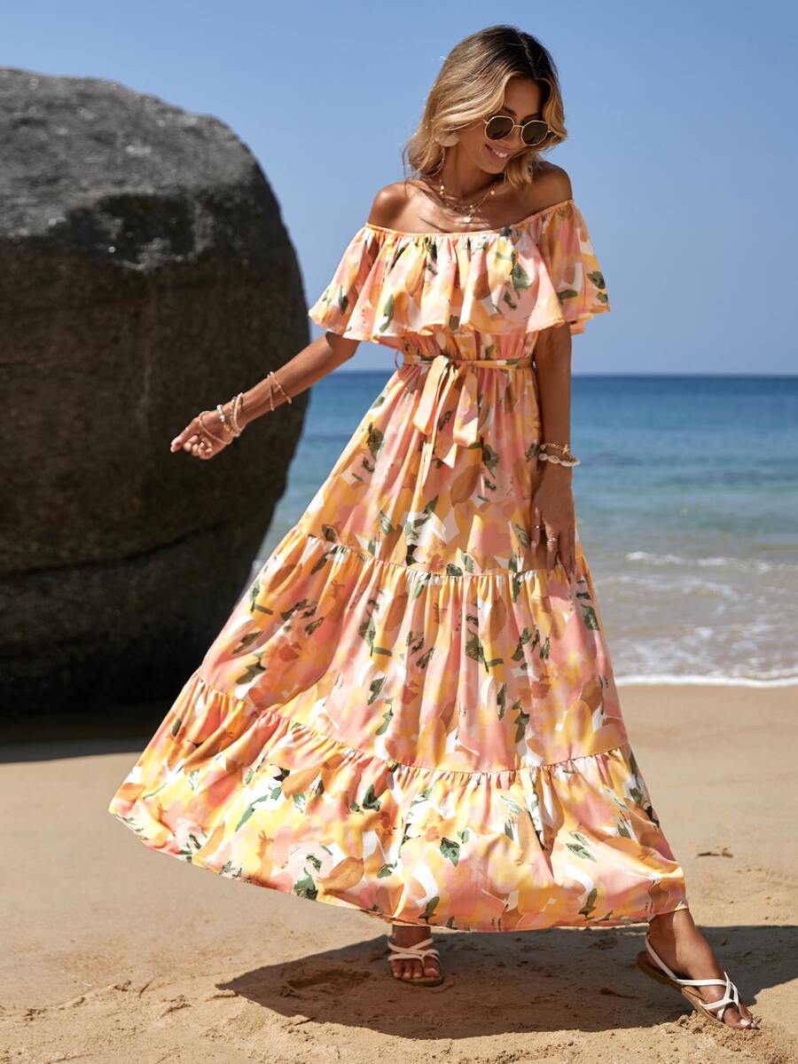 SHEIN VCAY Vestido con cinturón con estampado floral de hombros descubiertos bajo con fruncido - Multicolor - Ver 1