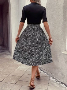 SHEIN VCAY 斑點印花繫腰帶連衣裙 - 黑色 - 查看 2