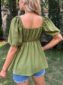 SHEIN Maternidad Blusa peplum de cuello cuadrado de manga farol con nudo delantero - Verde militar - Ver 2