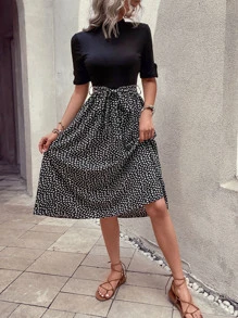 SHEIN VCAY 斑點印花繫腰帶連衣裙 - 黑色 - 查看 5