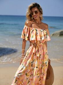 SHEIN VCAY Vestido con cinturón con estampado floral de hombros descubiertos bajo con fruncido - Multicolor - Ver 4