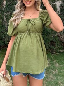 SHEIN Maternidad Blusa peplum de cuello cuadrado de manga farol con nudo delantero - Verde militar - Ver 4