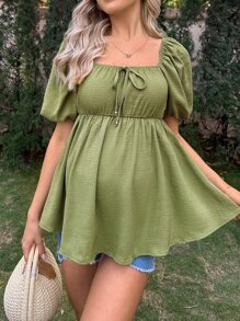 SHEIN Maternidad Blusa peplum de cuello cuadrado de manga farol con nudo delantero - Verde militar - Ver 5