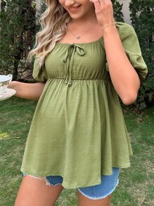 SHEIN Maternidad Blusa peplum de cuello cuadrado de manga farol con nudo delantero - Verde militar - Ver 6